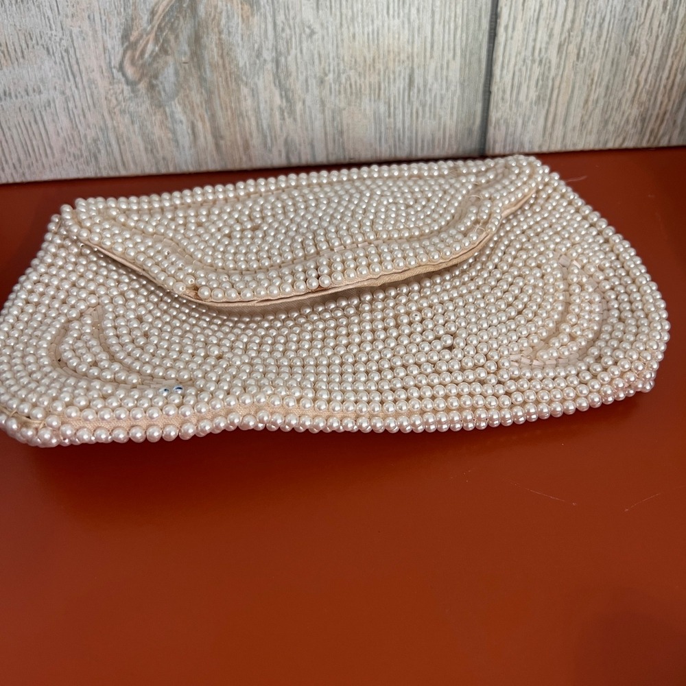 Bon Soir Vintage‎ Faux Pearl Beaded Clutch Bag Cream Hand Made in Japan Italian